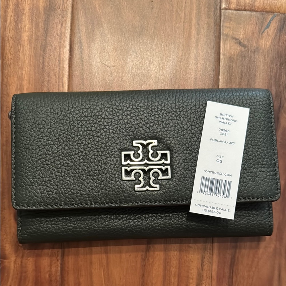 Tory Burch Poblano green Pebbled Leather Wallet Britten smartphone wallet NWT